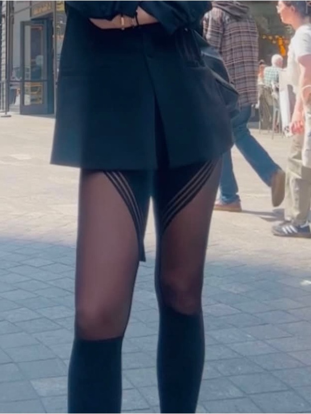 Black Sheer Panel Leggings with Striped Detail - Women